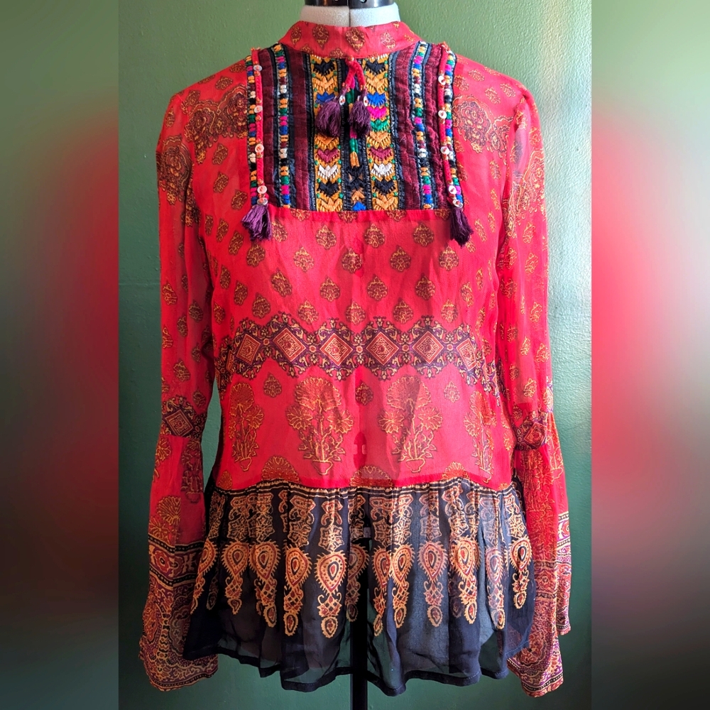 Label Ritu Kumar Bell Sleeve Blouse Women M/L Boho Fairy Cottage Hippie Gypsy